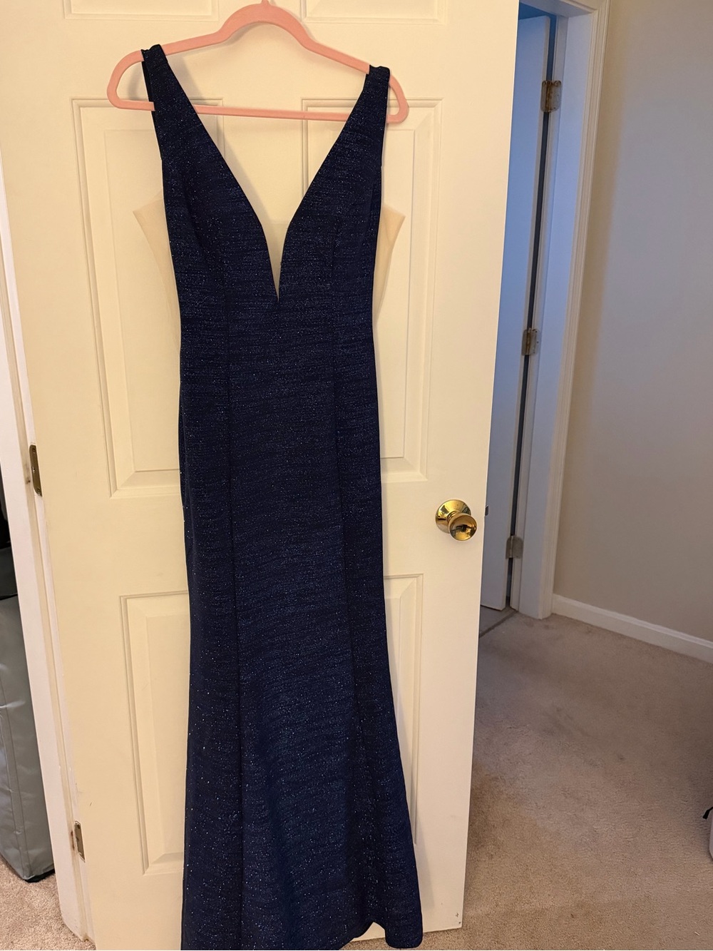 Jovani Navy Sparkle Plunge V-Neck Prom Gown